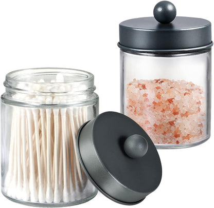 Amolliar Apothecary Jars - Stylish Bathroom Storage Organizer | Glass Canister with Lid for Q-Tips, Cotton Swabs & More - Grey (2 Pack)