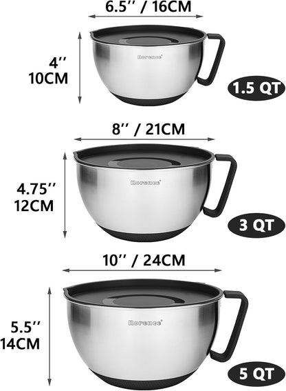 Rorence Stainless Steel Mixing Bowls - Non-Slip Design With Pour Spout, Handle & Lid | Set of 3, Black