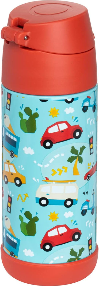 Snug Kids Water Bottle - Insulated Double-Wall Stainless Steel, Leakproof Straw & Spout - 12oz Cars