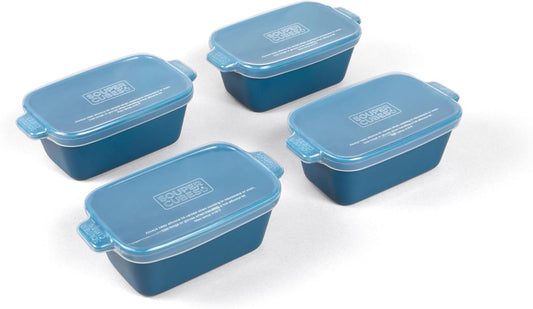 Souper Cubes Stoneware - Small 5" x 3" Ceramic Baking Dish Set of 4 with Silicone Covers | Blueberry