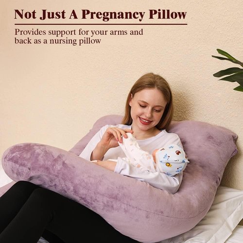 Chilling Home U-Shape Pregnancy Pillow - 55in Velvet Maternity Body Pillow in Pink for Comfortable Sleep