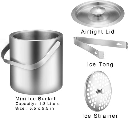 Mini Ice Bucket Portable Double Wall Ice Bucket with Tong,Stainless Steel Hotel Bucket/Champagne/Beverage Bucket,Size 1.3 Liters 5.5 x 5.5 in,Serveware for Party,Event,and Camping.