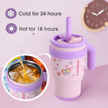 KXIAOCHEN Toddler Tumbler - Spill Proof 14 Oz Insulated Stainless Steel | Keeps Drinks Cold 24 Hrs, Pink Butterfly