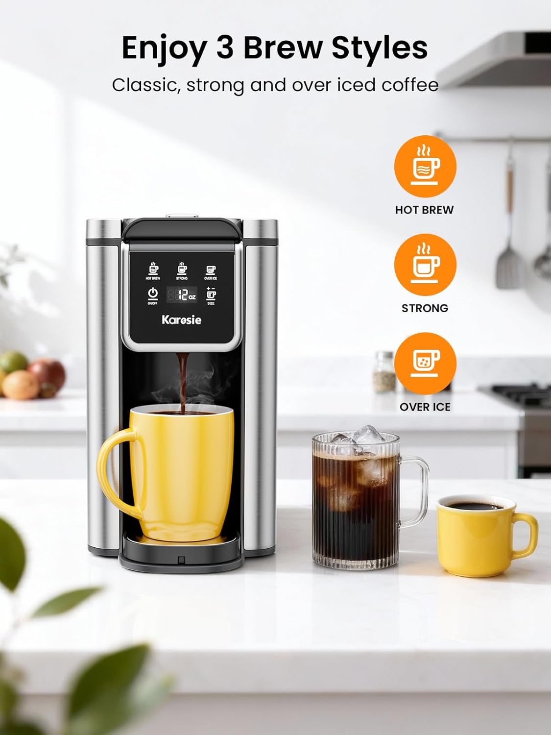 Skiennix K Cup Coffee Maker - Hot & Iced Brewing, 6-14 Oz Sizes, 50 Oz Removable Tank, Stainless Steel, Black