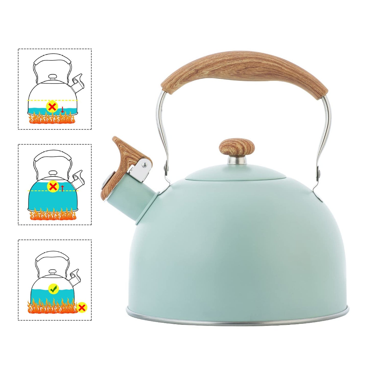 YTCYKJ Water Kettle,2.6 Quart Whistling Tea Kettle, Food Grade Stainless Steel Whistling Tea Pot with Wood Pattern Handle,Works For All Stovetops(Green-2.6 Quart)