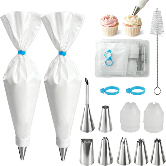 Skiennix Reusable Piping Bags Set - 16-Inch Pastry Bags for Cake Decorating | 15-Piece Easy Clean Kit