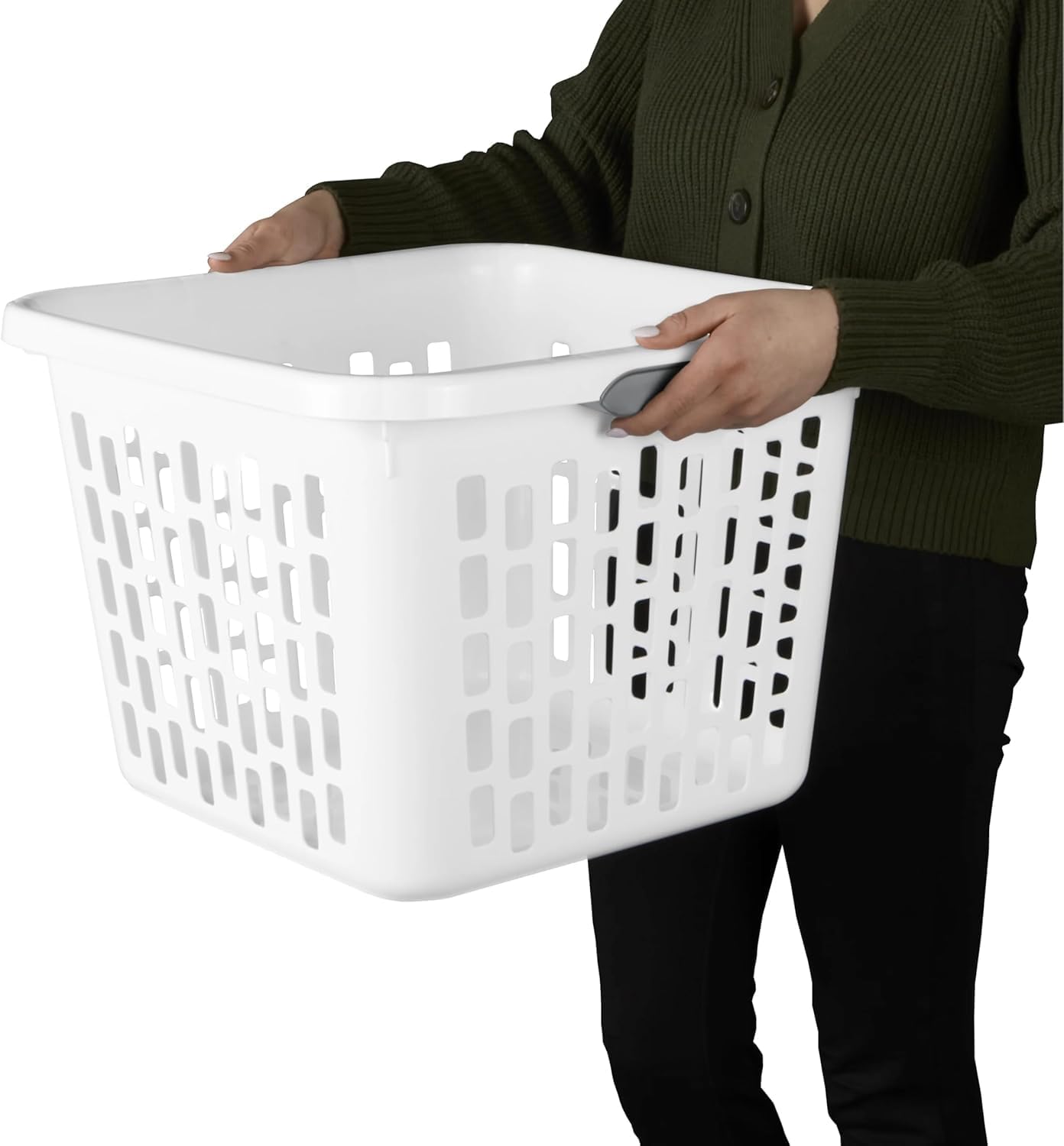 Regine Square Plastic Laundry Basket - BPA-Free, Sturdy & Stackable, 1.5 Bushel, White with 2 Comfort Grip Handles