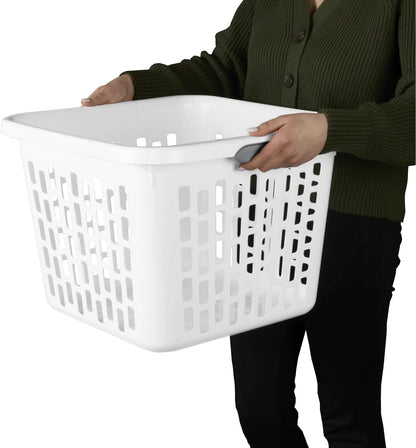 Regine Square Plastic Laundry Basket - BPA-Free, Sturdy & Stackable, 1.5 Bushel, White with 2 Comfort Grip Handles