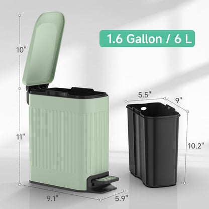 TIPGO Slim Bathroom Trash Can - Soft Close Lid & Step Pedal - 6 Liter Stainless Steel Bin (Green)