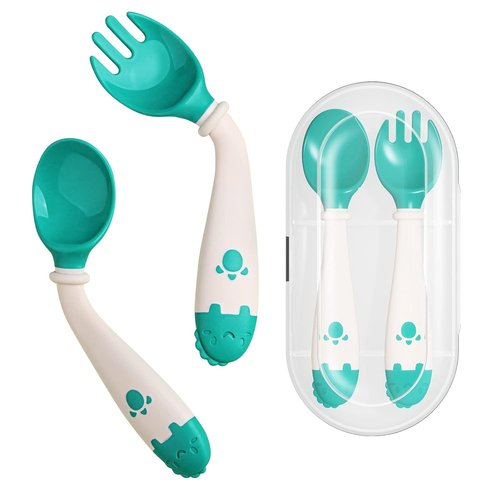 Deejoy Toddler Utensils - Self-Feeding Flatware Set with Travel Case | Silicone Bendable Handles, Easy Grip, Stage 2 Green