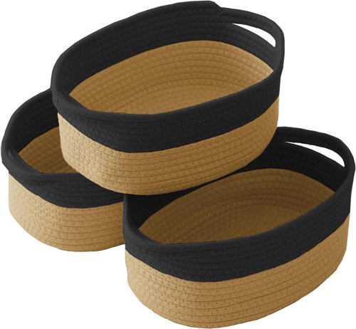 JMvicyroam Woven Basket - Small Rope Storage Bin with Handles for Organizing Shelves | Black & Jute, 3-Pack