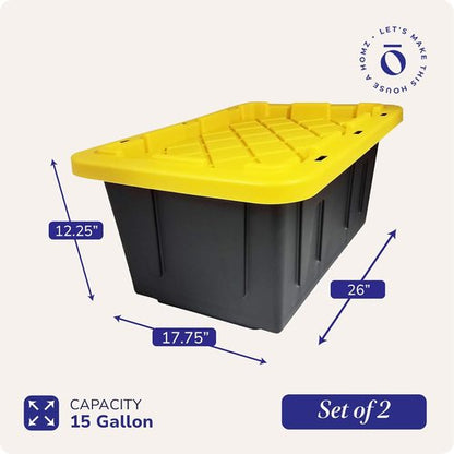 HOMZ Heavy Duty Plastic Storage Bins - 15 Gallon Stackable Containers with Lids | Black/Yellow 2-Pack