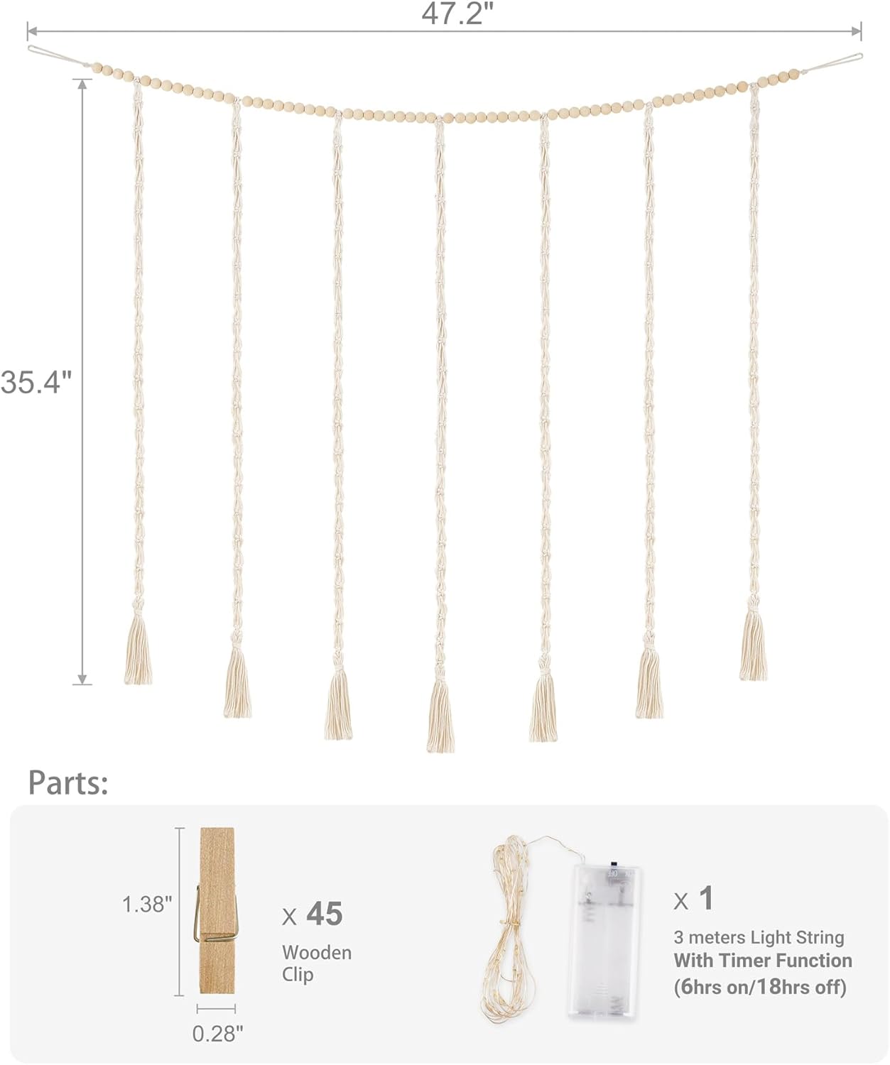 Mkono Macrame Photo Display Wall Decor - Boho String Lights & Wooden Beads | 45 Clip Collage Frame for Bedroom & Dorm
