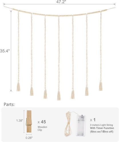 Mkono Macrame Photo Display Wall Decor - Boho String Lights & Wooden Beads | 45 Clip Collage Frame for Bedroom & Dorm