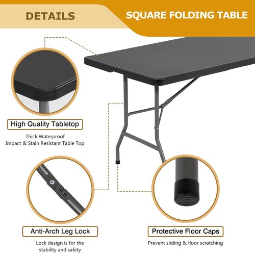 FDW 8FT Folding Table Half Portable Foldable Table Picnic Table for Office Home Camping Party (Black, 8 FT)