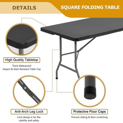 FDW 8FT Folding Table Half Portable Foldable Table Picnic Table for Office Home Camping Party (Black, 8 FT)