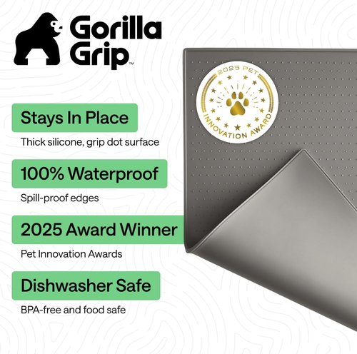 GORILLA GRIP Waterproof Silicone Pet Feeding Mat - 100% BPA Free, Spill Containment, 18.5x11.5 Gray