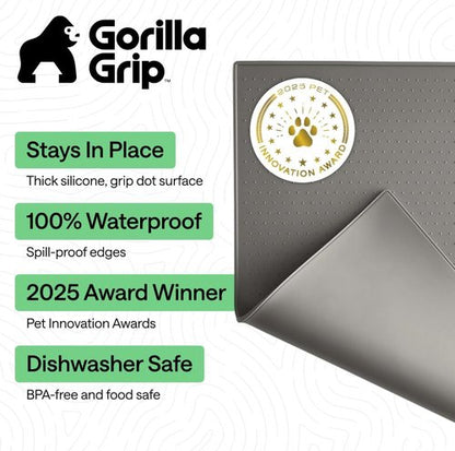 GORILLA GRIP Waterproof Silicone Pet Feeding Mat - 100% BPA Free, Spill Containment, 18.5x11.5 Gray