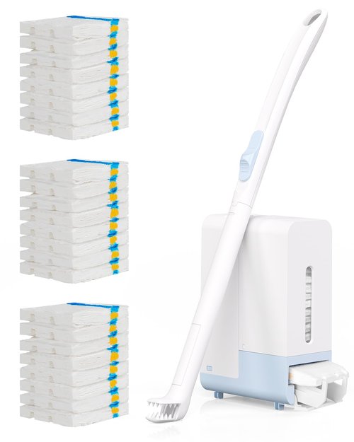 AIR U+ Disposable Toilet Brush Wand for Scrubbing Bubbles Flushable Refills, Wall Mount Toilet Cleaning System with 24 Count Refills + 1 Toilet Wand + 1 Automatic Visual Caddy