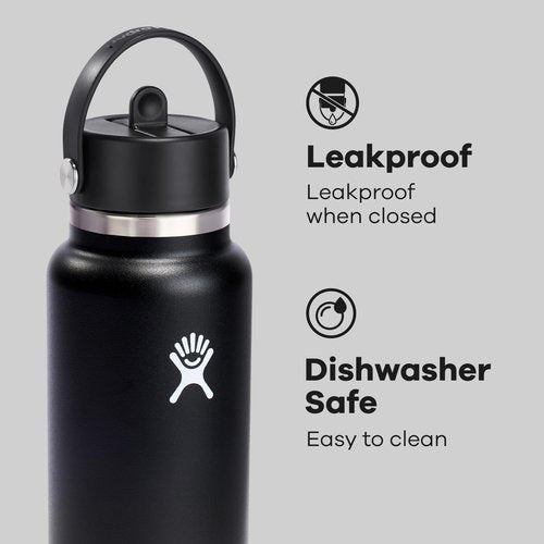 Hydro Flask Water Bottle - Insulated Stainless Steel - Leakproof Wide Straw Lid | 32 Oz Black