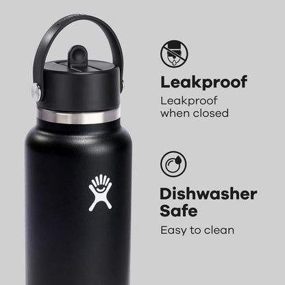 Hydro Flask Water Bottle - Insulated Stainless Steel - Leakproof Wide Straw Lid | 32 Oz Black