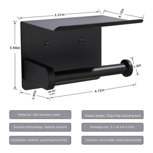 XDerln Toilet Paper Holder with Phone Shelf SUS 304 Toilet Paper Roll Holder - Wall Mounted Toilet Paper Roll Holder Adhesive Or Drilling Tissue Roll Holder with Shelf - Black Matte