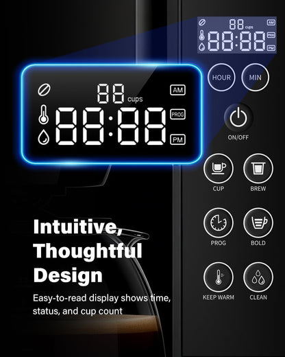 SHARDOR 10-Cup Coffee Maker - Programmable Drip Machine with Adjustable Brew Strength & Keep-Warm Control, Black