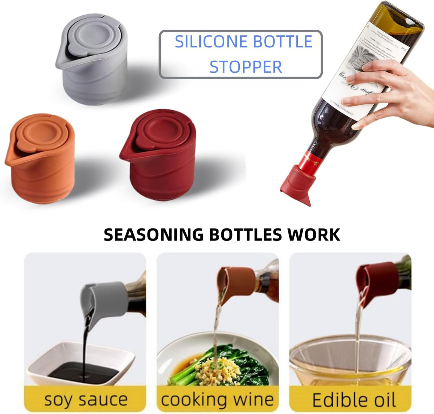 Silicone Wine Bottle Stopper with Guide Nozzle Keep Wine Fresh Reusable Wine Preserver Seals With 3 in 1 Kechain Fixed Sealing Plug Design For Soy Sauce, Cooking Wine, Oilg(Red+Orange+Gray)