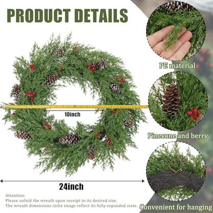 24 Inch Cedar Christmas Wreath with Red Berries & Snow-Frosted Pine Cones - Indoor Outdoor Holiday Decor