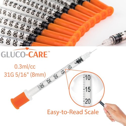 GLUCO-CARE 31G x 5/16’’ Syringes - 0.3 ml/cc with Orange Cap | Box of 100 Pieces