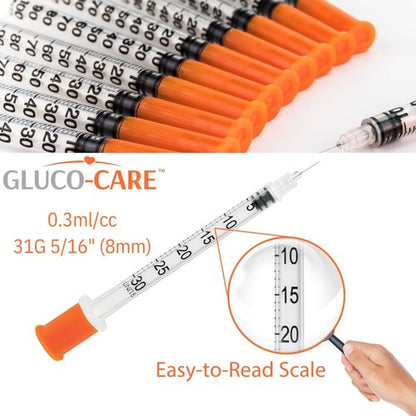 GLUCO-CARE 31G x 5/16’’ Syringes - 0.3 ml/cc with Orange Cap | Box of 100 Pieces