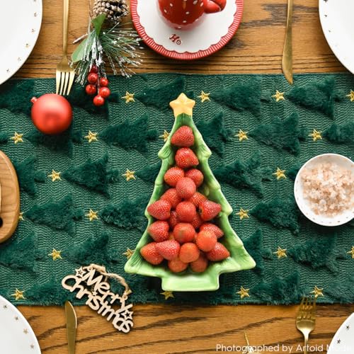 Christmas Table Runner 13x60 Inch Green Plush Faux Fur Jacquard Holiday Decor - Green & Gold Variation