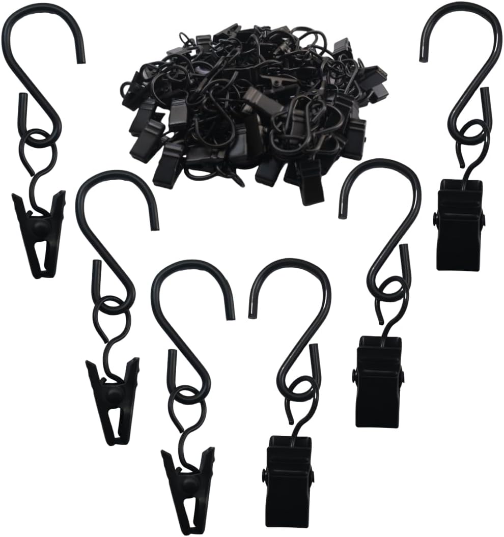 Skiennix Stainless Steel S Hooks - Versatile Curtain Clips for Hanging Lights & Decorations | 2.4 Inch, Black, 40 Pcs