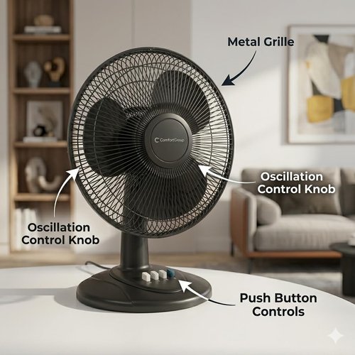 Comfort Zone Oscillating Table Fan with Adjustable Tilt, Convenient Push Button Controls, Quiet, 12 inch, 3 Speed, Desk Fan, Airflow 7.25 ft/sec, Ideal for Home, Bedroom, Dorm & Office, CZ121BK