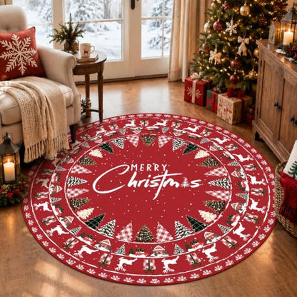 Christmas Round Area Rug 5ft Non-Slip Xmas Tree Carpet - Reindeer Red Variation