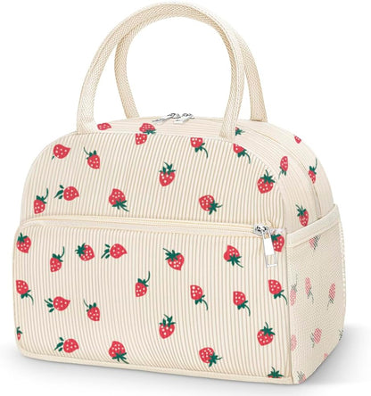 Coobiiya Corduroy Lunch Bag - Insulated Strawberry Tote for Work, Travel & Picnics - Large Capacity