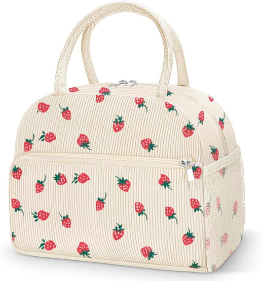 Coobiiya Corduroy Lunch Bag - Insulated Strawberry Tote for Work, Travel & Picnics - Large Capacity