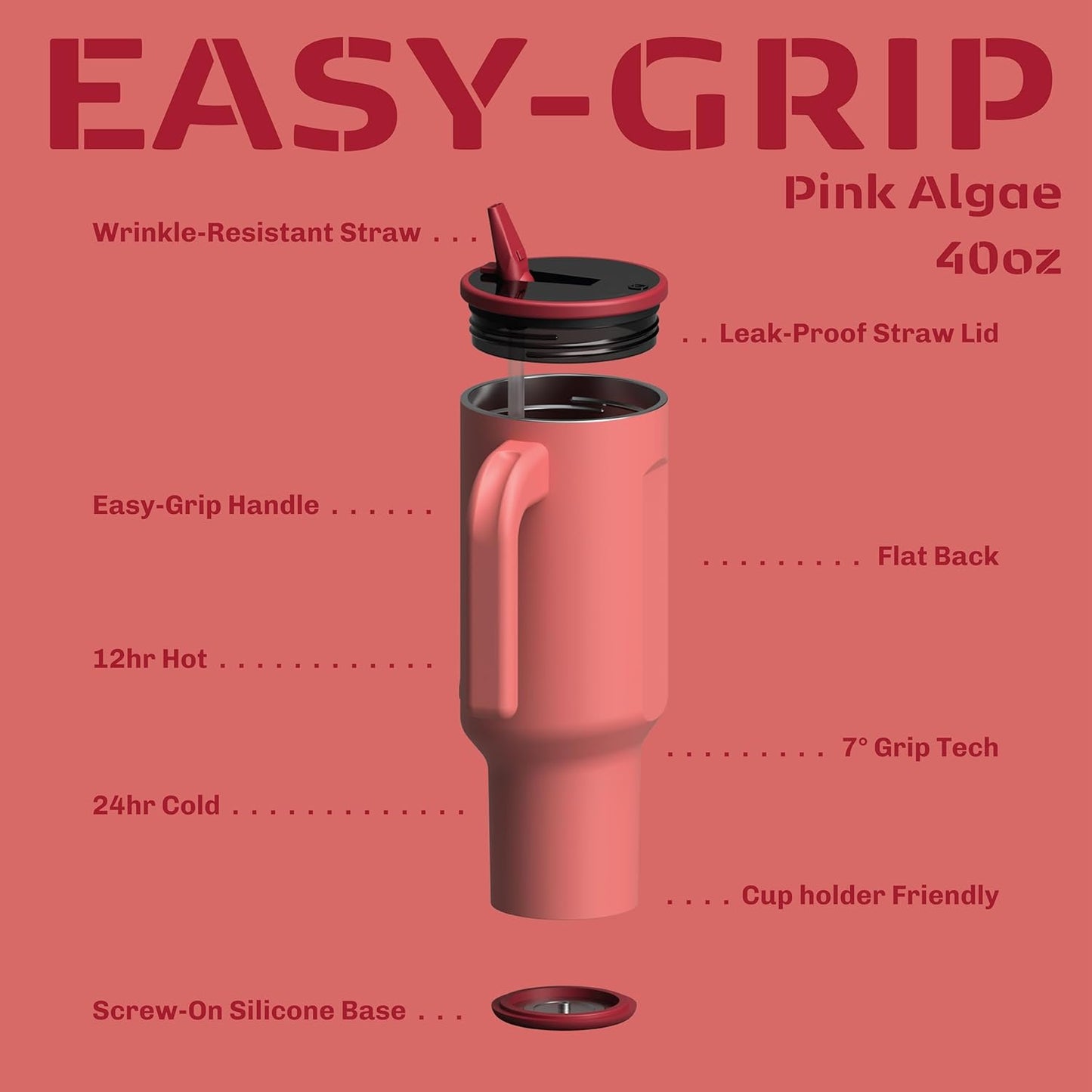 Zylo 40oz Stainless Steel Water Bottle - Leak-Proof Straw Lid & Open Handle - Insulated, BPA-Free, Pink Algae