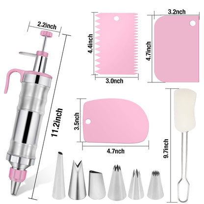 Icing Decoration Gun Set Cake Decorating Tools Dessert Decorator Syringe 6 Russian Piping Icing Nozzles 3 Cream Scraper Stainless Steel Cupcake Frosting Filling Injector Cake Icing Tool(Pink)