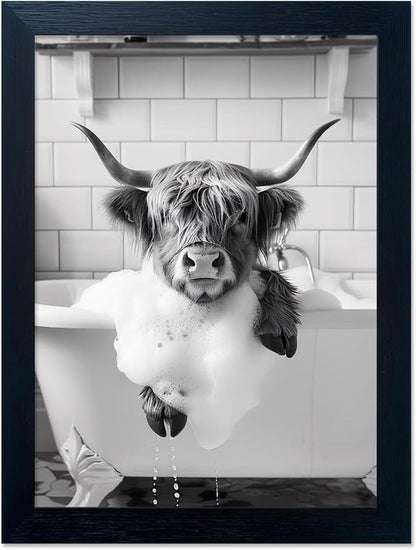 Highland Cow Bathroom Decor - Funny Farmhouse Canvas Print of Cow in Bathtub | Black & White Wall Art