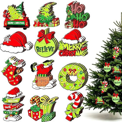 36 Wooden Christmas Ornaments Set - Rustic Holiday Tree Decor & Wreath Accents