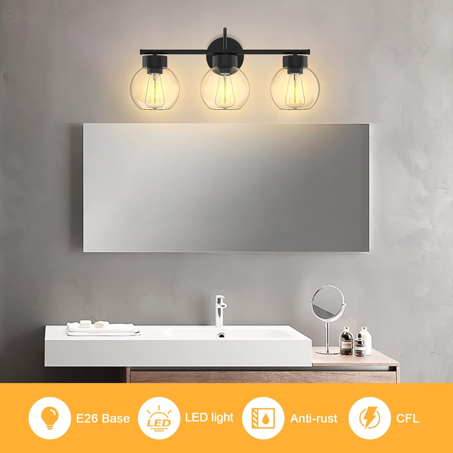 EAPUDUN 3 Lights Vanity Light Fixtures Over Mirror, Matte Black Farmhouse Bathroom Light Fixtures with Clear Glass Shades,Industrial Wall Light Fixture for Bathroom Over Mirror WLA1435-MBK