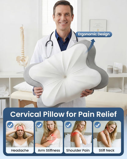 Skiennix Cervical Pillow - Ergonomic Memory Foam Contour Design for Neck Pain Relief | 4-Height Adjustable