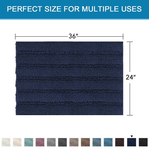 H.VERSAILTEX Bath Mats for Bathroom Non Slip Extra Thick Chenille Striped Bath Rug 24" x 36" Absorbent Non Skid Fluffy Soft Shaggy Rugs Washable Dry Fast Plush Mats for Indoor, Bath Room, Tub - Navy