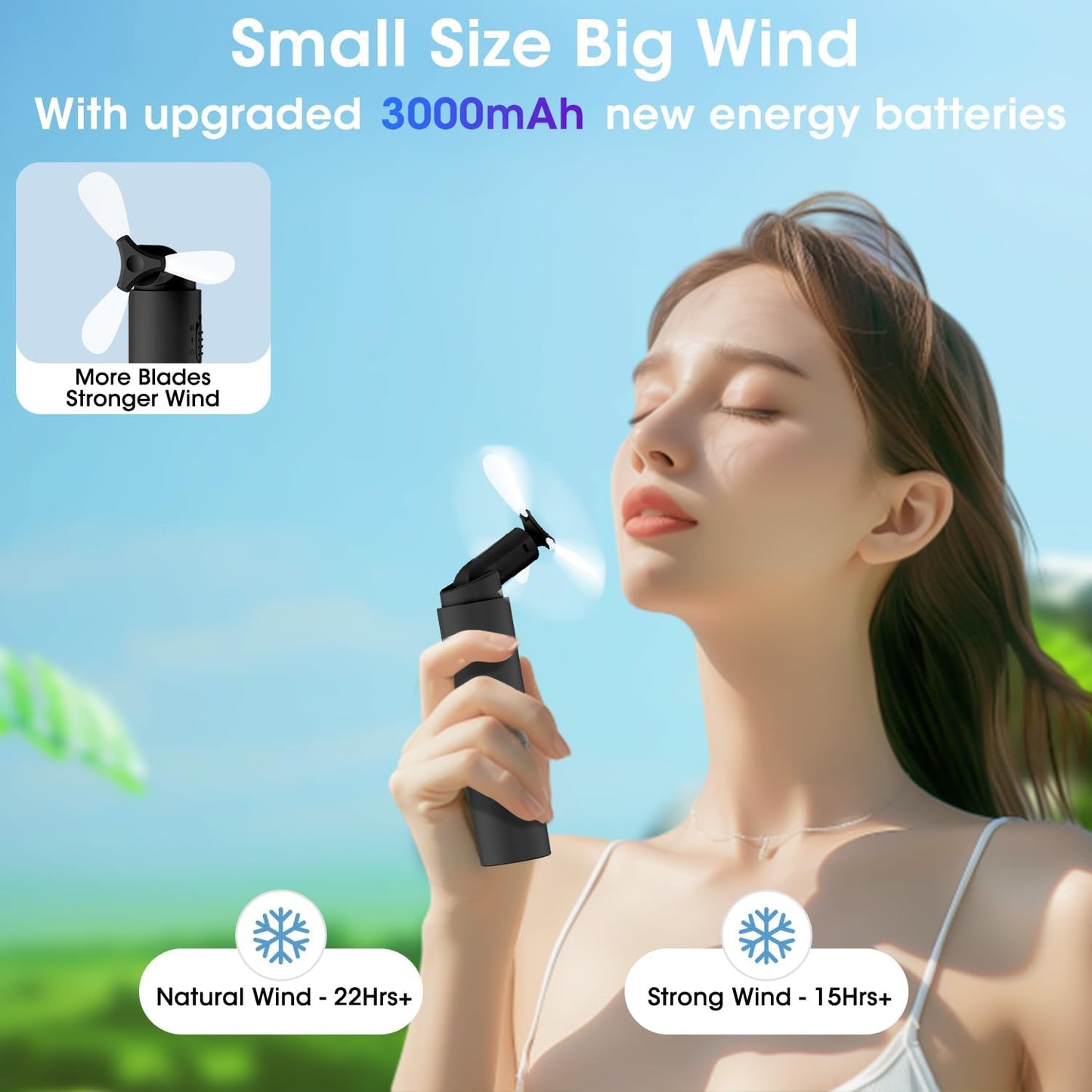 OLV Handheld Mini Fan - Portable Rechargeable 3000mAh Battery | 22+ Hours Runtime - Black