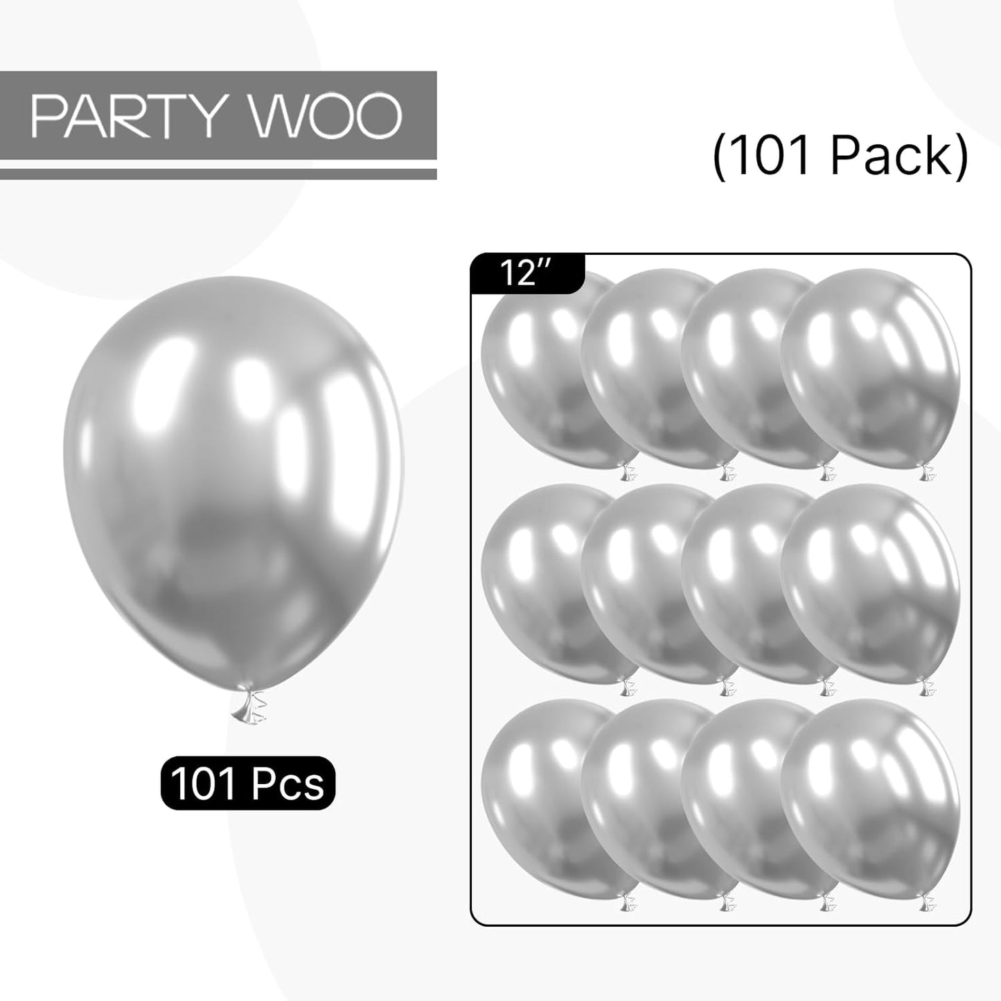 PartyWoo Silver Balloons - 101pcs 12 Inch Latex Helium Balloons for Weddings & Celebrations