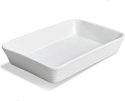 ONEMORE Ceramic Baking Dish - 9x13 Large Rectangular Casserole Pan for Oven & Family Meals | Ribbed White Bakeware