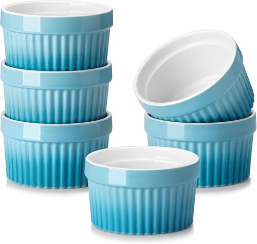 MALACASA Ramekins - 4 Oz Oven Safe Ceramic Souffle Dishes for Baking | Set of 6 Blue Custard Cups