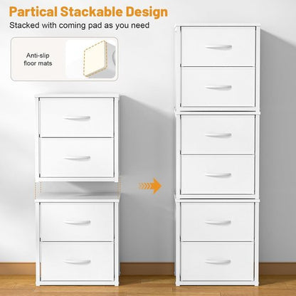 DAOUTIME Stackable Storage Drawers - 4 Drawer White Closet Organizer with Wooden Top & Metal Frame