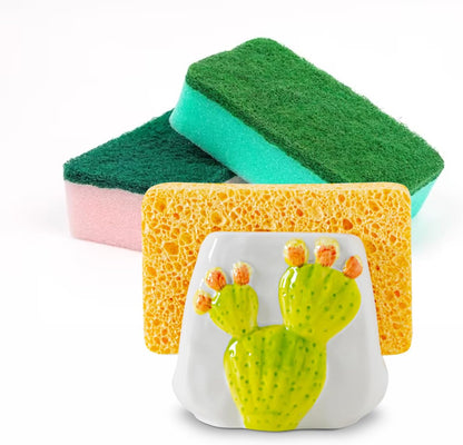 Skiennix Cactus Sponge Holder - Elegant White Ceramic Sink Caddy for Organized Kitchen